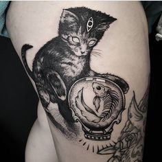 a woman's thigh with a cat tattoo on it and the caption reads blackworkers tattoo