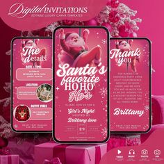 a pink christmas party flyer with santa clause on it