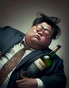 a man in a suit and tie holding a bottle of wine with his eyes closed