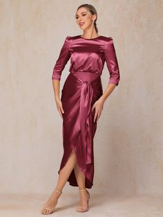 Burgundy Satin Wedding Guest Dress, Detachable Dress, Ankle Length Dress, Wedding Guest Dresses, Half Sleeve Dresses, Sleeves Dress, Mother Of The Bride Dress, Satin Wedding, Dress Purchase