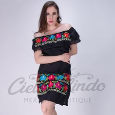 Beautifully Embroidered Dress, Handcrafted By Mexican Artisans. Features Comfortable Off The Shoulder Neckline With An Elastic Band With Shiny Silk Colorful Floral Embroidery. Perfect To Wear On A Mexican Themed Party, Mexican Fiesta, Or Just Because It Is Great To Wear A One Of A Kind Garment That Was Carefully Handmade With Love One By One, So Many Hours Behind Every Piece! Fits Also Into The Boho Style Or The Southwestern Look With A Very Cute And Romantic Vibe. Any Accessories Shown Are Sold Traditional Black Summer Dress, Black Embroidered Neckline Fitted Dress, Black Embroidered Dress With Fitted Neckline, Fitted Black Dress With Embroidered Neckline, Black Embroidered Mini Dress For Summer, Traditional Black Spring Dresses, Black Floral Embroidered Summer Dress, Embroidered Black Summer Dress, Black Embroidered Dress For Spring