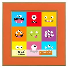 an orange frame with different colored monsters on it and the words core art written in white