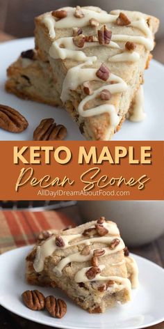 keto maple pecan scones with frosting on top and pecans in the background