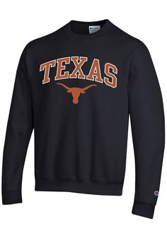 Head out in style with our Texas Longhorns Black Powerblend Crew Sweatshirt! This Longhorns Long Sleeve Sweatshirt features a team name arched over team logo embroidered on front chest. You'll be warm, comfortable and stylish as you head to class, the game or just out on the town in this Texas Crew Sweatshirt. Twill appliqued team wordmark on chest, Super soft fleece sweatshirt, Rib knit at neck, cuffs and waistband, Double needle reinforced seams, 8.5 oz Brushed Back Fleece Sweatshirt, The Cham Black Team Spirit Sweatshirt With Team Name, Black Sporty Tops With University Logo, Fall Season Black Top For Sports Fans, Black Team Name Sweatshirt For Winter, Black Fall Fan Gear Sweatshirt, Black Tops With Ribbed Cuffs For Game Day, Black Team Spirit Sweatshirt For College, Black Crew Sweatshirt With Team Spirit, Collegiate Black Crew Sweatshirt