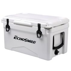 an image of a white cooler with black straps on it's handles and the words echosmilg