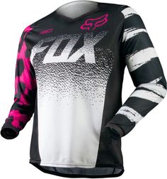 the fox jersey is shown in black, pink and white with an all over print