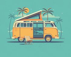 an old van with a camper on the roof is parked in front of palm trees