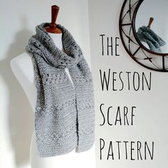 a white mannequin with a gray scarf hanging on it's neck and the words, the weston scarf pattern