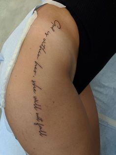 Writing Leg Tattoos Women, Long Side Tattoos Women, Script Tattoo Down Side Of Leg, Thigh Tattoos Writing, Hip Writing Tattoo, Script Thigh Tattoo Women, No Remorse Tattoo, Vertical Hip Tattoo Quote Writing