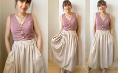 three pictures of a woman wearing a pink top and tan skirt with buttons on it