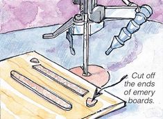 a drawing of a sewing machine with the words cut off the ends of emery boards