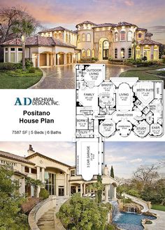 the front and back side of a house plan with an attached pool area, stairs leading to