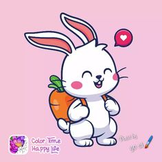 a rabbit holding a carrot and an apple on a pink background with the words i love you