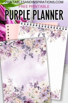 a purple planner with flowers on it and the words printables are shown below