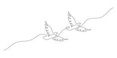 two birds flying side by side in the air with wings spread out, one line drawing