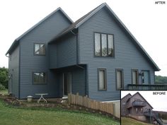 a house that has been painted blue and is in the process of being remodeled with new siding