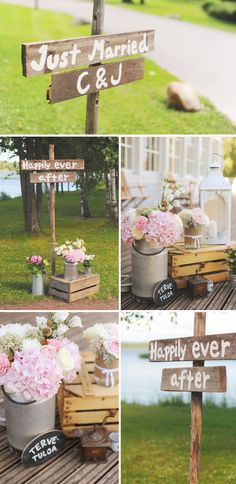 the wedding sign is made out of wood and has flowers in buckets