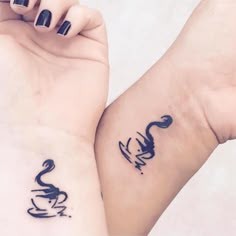 two tattoos on the arms of women with flamingos and coffee cups tattooed on them