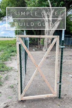 an open gate with the words simple cave build guide on it in front of a tree