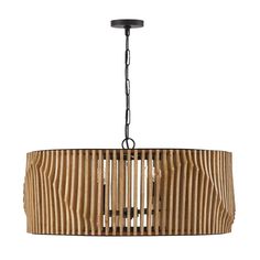 a chandelier made out of wood strips on a white background with a light fixture hanging from the ceiling