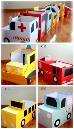 four different types of cardboard vehicles on a wooden floor