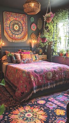 a bed room with a neatly made bed and lots of hanging decorations on the wall