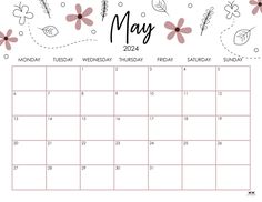 the may calendar is shown with flowers and leaves in pink, black and white colors