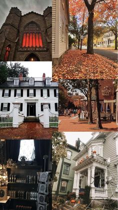 several different pictures of houses and trees in the fall