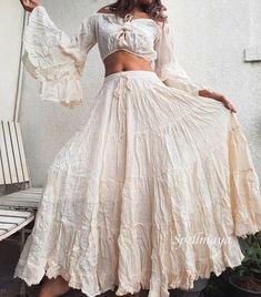 Boho Two Piece Set Maxi Skirttwo Piece Set Cotton Ruffle Crop - Etsy Long Flowy Skirt Outfit, Flowy Skirt Outfit, Circle Maxi Skirt, Maxi Skirt Summer, Festival Maxi Skirt, Fair Outfit, Beach Maxi Skirt, Cotton Maxi Skirt, White Cotton Skirt