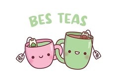 two coffee mugs with faces and the words best teas written in green on top