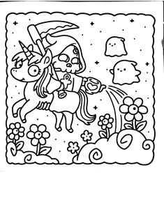 a black and white drawing of a girl on a horse with flowers in the background