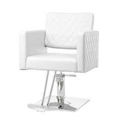 a white chair sitting on top of a metal base