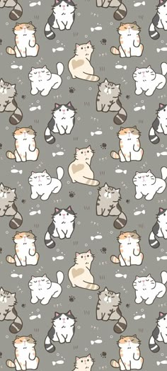 many cats are sitting together on a gray background with white and black dots in the middle