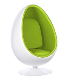 a green and white egg chair sitting on top of a table