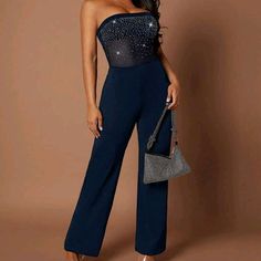 Navy Blue Womens Rhinestone Mesh Bandeau Jumpsuit 91% Polyester 9% Elastane Elegant Rhinestone Jumpsuits For Night Out, Strapless Blue Jumpsuit For Party, Blue Strapless Jumpsuit For Party, Denim Blue High Waist Strapless Jumpsuit, Blue Denim Strapless Jumpsuit, Navy Blue Sparkly Jumpsuit, Blue Fitted Strapless Jumpsuit, Blue Denim High-waist Strapless Jumpsuit, Bandeau Jumpsuit