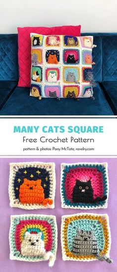 multi colored cat crochet squares and pillowpillow Crochet Cat Granny Square, Crochet Cat Stitch, Beginner Haken, Kat Haken, Crochet Granny Square Tutorial, Granny Square Projects, Granny Pattern, Newborn Crochet Patterns, Crochet Motif Patterns