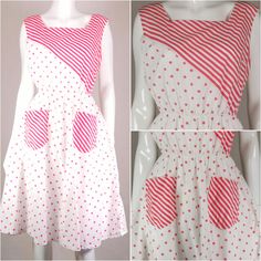 This fun, retro vintage sun-dress from the 1980s epitomizes summer chic.  It features a relaxed sleeveless bodice and a square neck. The waist is elasticated for a comfortable and adjustable fit, leading into a flared skirt that falls below the knee.  Made from white cotton material, in a playful dark pink polka dot and stripe print. Sold in excellent condition.  Approximate sizing: Medium - (M) UK: 12 US: 10 EU: 40 Measurements: bust: 40" waist: 26-32" hips: free length: 43" Thank you for your Retro Cotton Sundress For Beach, Retro Cotton Sundress For Summer, Vintage Cotton Sundress For Summer, Summer Polka Dot Dress With Pockets, Vintage White Cotton Sundress, Vintage White Sleeveless Sundress, White Sleeveless Vintage Sundress, White Vintage Cotton Sundress, Striped Retro Dresses With Buttons