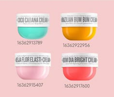 four different creams are shown on a pink background, with the names below them