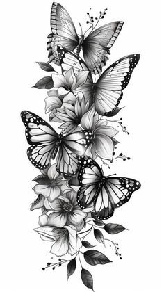 black and white drawing of butterflies flying over flowers with leaves on the bottom right side