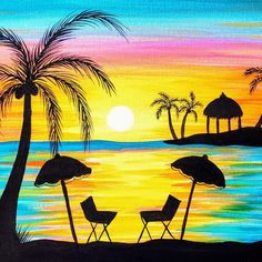 an acrylic painting of beach chairs and umbrellas at sunset