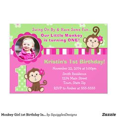 a pink and green monkey 1st birthday party card with the number one on it's side