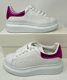 *** New with Box - Can Ship without Original Box for Less Money - Shoe Box is HEAVY AUTHENTIC KID'S Alexander McQueen Molly Kid Oversize Logo Sneaker with Metallic Effect - White with Printers Pink Counters Kid's Size 32 EU - US 1 - UNISEX *** ALEXANDER MCQUEEN Molly Kid Oversize Logo Sneaker with Metallic Effect Color - White / Printers Pink - 9993 716666 WIAHN 9993 - 716666WIAHN9993 $320 Kid's - Size 32 EU, US 1    Kid's - Size 32 EU, US 1 A chunky wedge sole gives a major big-kid boost to a signature leather sneaker padded with comfortable cushioning. A chunky, flared platform with a leopard-debossed sole boosts the cool-kid look of this calfskin-leather sneaker with a metallic-embossed heel tab. Style cred and comfort combine on these sneakers sporting logo branding and leopard-embosse Chunky Wedges, Designer Sneakers, Sneakers Shoes, Shoe Box, Kids Clothing, Big Kids, Leather Sneakers, Kid Shoes, Cool Kids