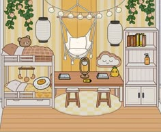 the room is decorated in pastel colors and has bookshelves, shelves, lamps, stuffed animals, and other items