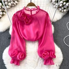 Lasaky - Fashionable Statement Long-Sleeve Loose Fit Sheer Floral Shirt with Stylish Bubble Collar Persephone Style, Corporate Dress, Sheer Floral Blouse, Dress Design Patterns, Designer Saree Blouse Patterns, Sleeves Designs For Dresses, Baby Frocks Designs, Collar Designs, Casual Top