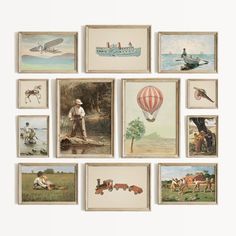 an assortment of framed pictures depicting people and animals