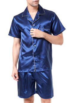 PRICES MAY VARY. Premium silk-like satin pajama set for men, 100% polyester. Short sleeve top with one front pocket on chest. Elastic waistband shorts with one button fly. Light weight polyester satin with silky feel for comfy night sleep. Great gift for family or friend. Good choice for Father's Day gift. New dark colored fabric will lose floating color from its surface, especially black. We suggest you wash your new satin products before wearing. If possible, please use neutral detergent to wa Men Pyjamas, Silk Pajamas Shorts, Pajamas Shorts, Costume Africain, Pyjama Satin, Silk Pajama, Mens Pajamas Set, Silk Sleepwear, Silk Pajama Set