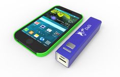 a green and blue cell phone next to an external charger