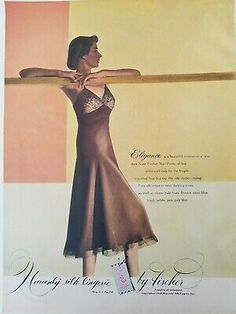 an advertisement for women's clothing from the 1950's, featuring a woman holding a