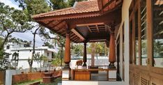 an outside view of a wooden gazebo