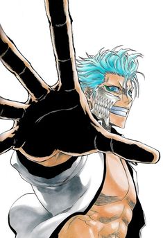 an anime character with blue hair holding his hand up